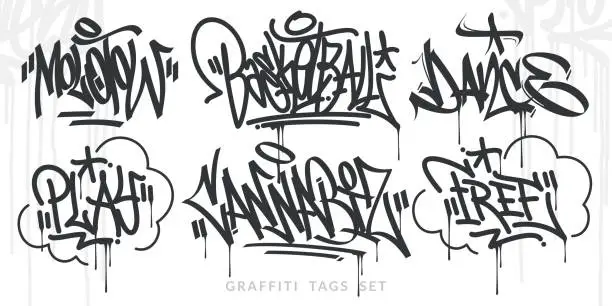 Vector illustration of Abstract Handwritten Hip Hop Urban Street Art Graffiti Style Words Vector Illustration Set