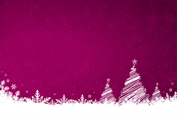 weißer schnee und schneeflocken am boden einer lebendigen magentafarbenen fuschia rosa oder lila farbe horizontal weihnachten festliche vektorhintergründe mit einem weihnachtsbaums und stern an der spitze - glitter purple backgrounds shiny stock-grafiken, -clipart, -cartoons und -symbole