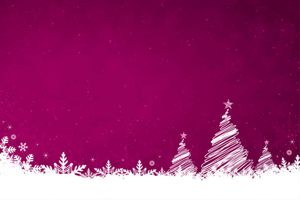 ilustraciones, imágenes clip art, dibujos animados e iconos de stock de nieve de color blanco y copos de nieve en la parte inferior de un vibrante magenta fuschia rosa o púrpura horizontal xmas festivo fondos vectoriales con un árbol de navidads y una estrella en la parte superior - pink backgrounds glitter shiny