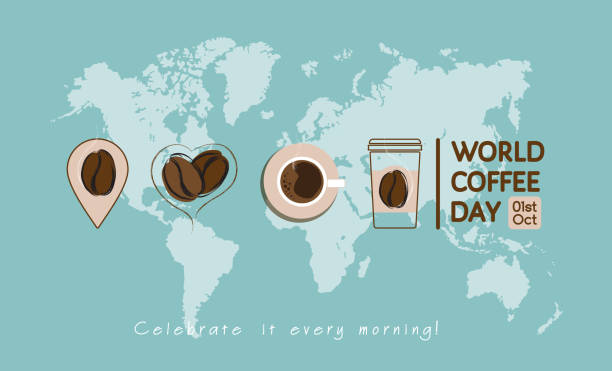 World Coffee Day blue banner with the map and coffee beans, cup, point mark vector art illustration