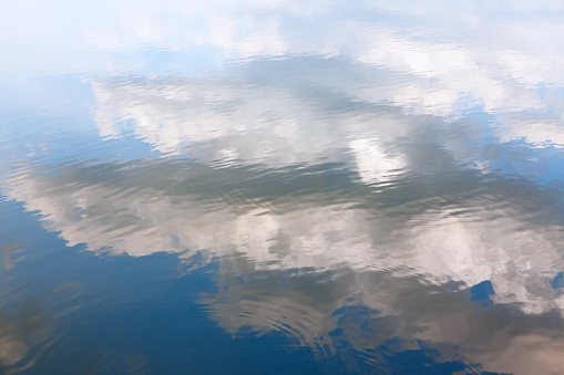 Clouds reflection in the water . Deep river water surface