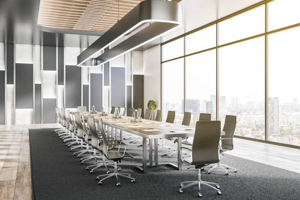 istock Modern conference room interior with windows and city view, table and chairs. Workplace, negotiation and design concept. 3D Rendering. 1346521522