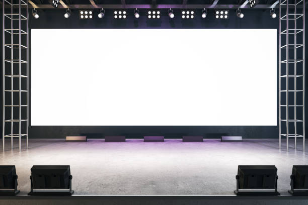 istock Blank white rectangular screen in interior with concrete floor. Presentation, movie theater and announcement concept. Mock up, 3D Rendering. 1346521646