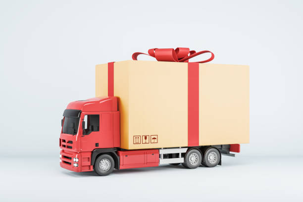 Truck delivering present on white background. Shipping service and celebration concept. 3D Rendering. stock photo