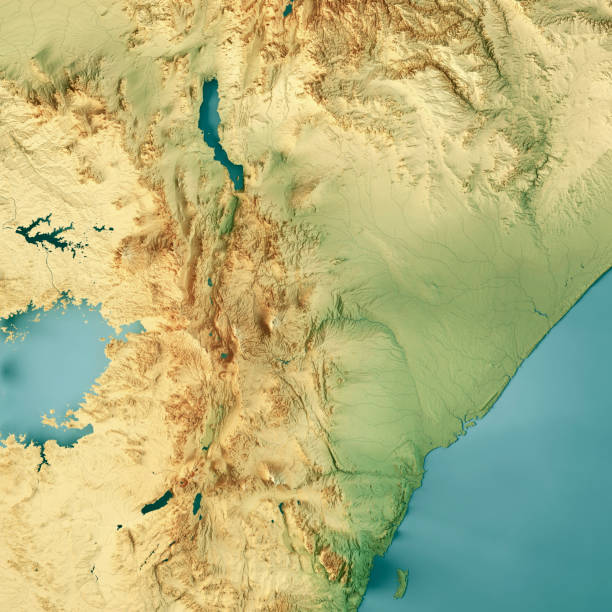 kenia 3d render mapa topográfico color - valle del rift fotografías e imágenes de stock