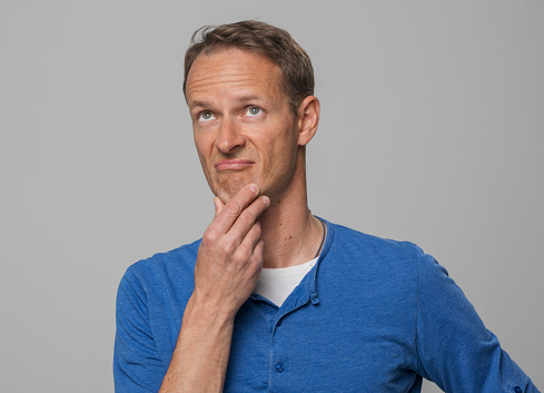 Man palpated his neck, examine thyroid gland. Prevention and disease of endocrine system, on white background