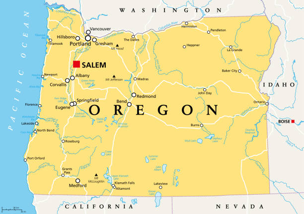 Oregon, OR, political map, US state, The Evergreen State Oregon, OR, political map with the capital Salem. State in the Pacific Northwest region of the Western United States of America, with the nickname The Beaver State. Illustration. Vector. eugene oregon stock illustrations