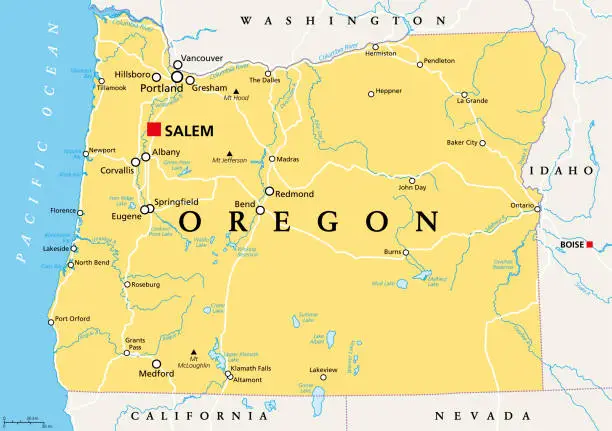 Vector illustration of Oregon, OR, political map, US state, The Evergreen State