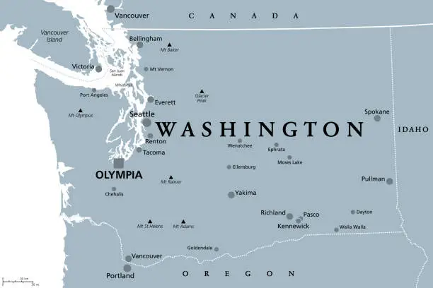 Vector illustration of Washington, WA, gray political map, US state, The Evergreen State