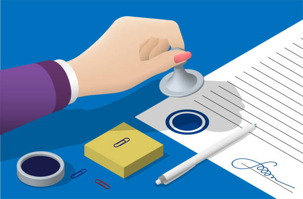 Isometric Concept. Hand of business woman puts stamp on document, long term agreement. Conclusion of certification by signature and seal. Realistic Vector Isometric Concept. Hand of business woman puts stamp on document, long term agreement. Conclusion of certification by signature and seal. Realistic Vector hand stamp stock illustrations