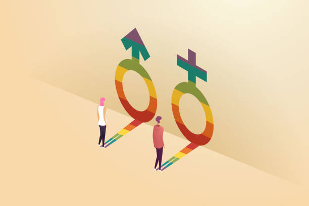 Men and women look at the reflections of gender symbols and transgender men. Men and women look at the reflections of gender symbols and transgender men. transgender woman Non-binary individual rights Transgender LGBTQ community. isometric vector illustration. transgender healthcare stock illustrations