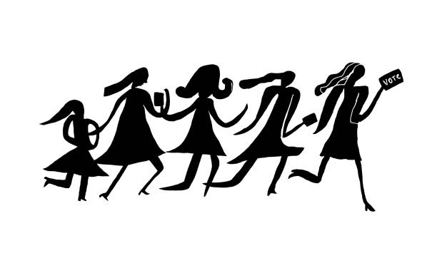 Adult women of all ages lining up to vote Hand drawn illustration of women, togetherness support of each other and rights to vote voting queues stock illustrations