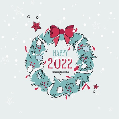 Happy new year 2022 holiday background with red numbers 2022 and wreath on snowy background. Vector illustration
