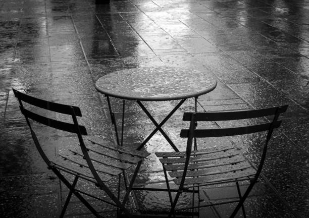 Emty street restaurant in the rainy day. Brussels, Belgium
