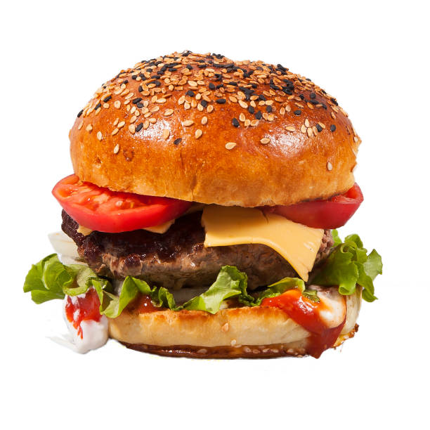istock Fresh homemade burger with bun sprinkled with sesame seeds 1346537403