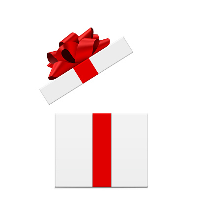 Vector illustration of an open white gift box with red bow and ribbons.