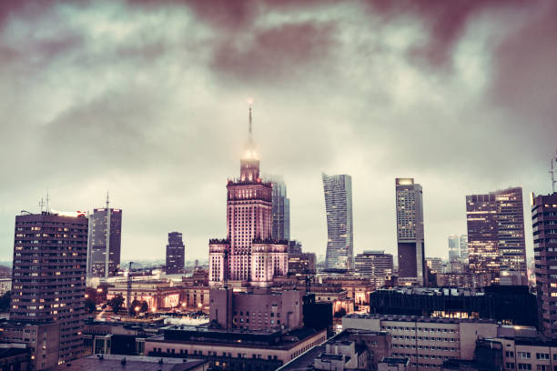 Warsaw, Poland panorama of city center at dusk