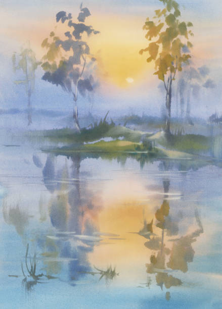 istock Morning mist by the lake in autumn watercolor background 1346543489