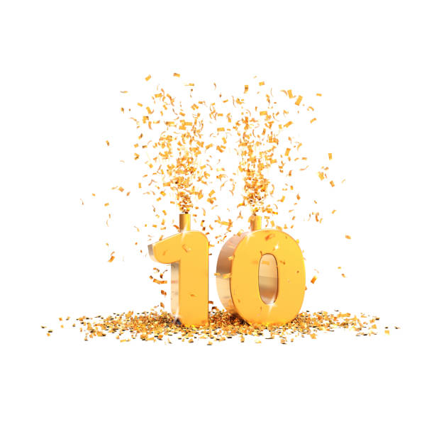 10 years golden 3d word on a white background - 10 jarig jubileum stockfoto's en -beelden