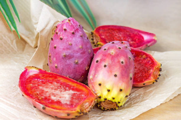 hell exotische rosa kaktusfeigenkaktusfrucht oder opuntie auf hellem hintergrund - prickly pear fruit cactus prickly pear cactus yellow stock-fotos und bilder