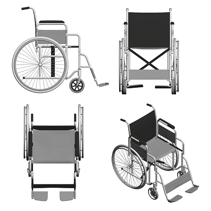 Set with wheelchairs isolated on white background. Isometric view, front, top, side. 3D. Vector illustration.