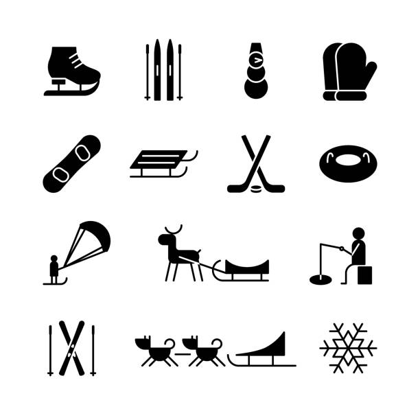 Set of isolated black icons of winter entertainment on white background. Collection of silhouette of winter sport icons. Logo flat design. Set of isolated black icons of winter entertainment on white background. Collection of silhouette of winter sport icons. Logo flat design dogsledding stock illustrations