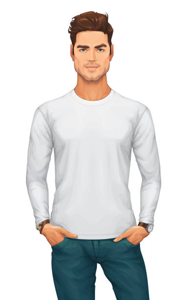 illustrazioni stock, clip art, cartoni animati e icone di tendenza di uomo che indossa una maglietta a maniche lunghe - t shirt shirt white men