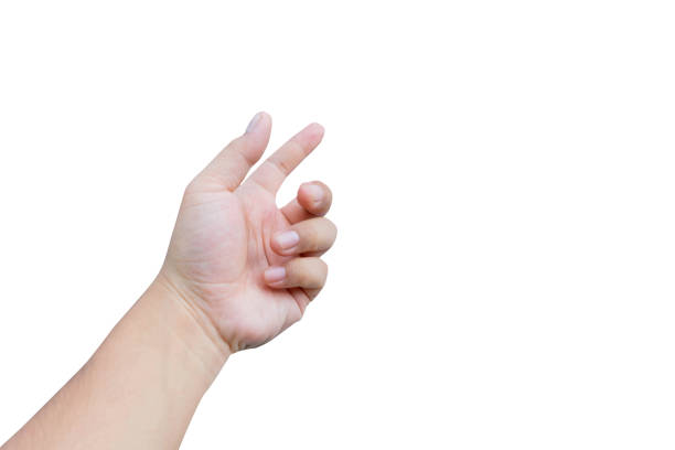 istock a hand holding something like a bottle or smartphone on white background, hand isolated on white background with clipping path. 1346549717