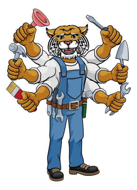 Wildcat Multitasking Handyman Holding Tools A wildcat animal construction cartoon mascot multitasking handyman or builder maintenance contractor holding lots of tools arm hammer stock illustrations