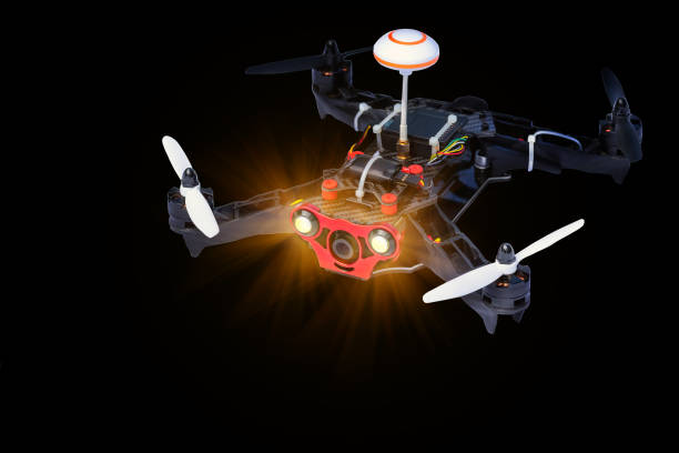 istock Dron, quadro copter Isolated on black background, closeup. 1346550263