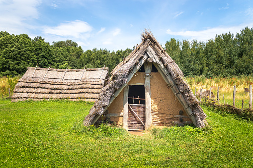 Nasavrky, Czech republic - 07 14 2021: Celtic house with straw thatched roof at Celtic open air museum