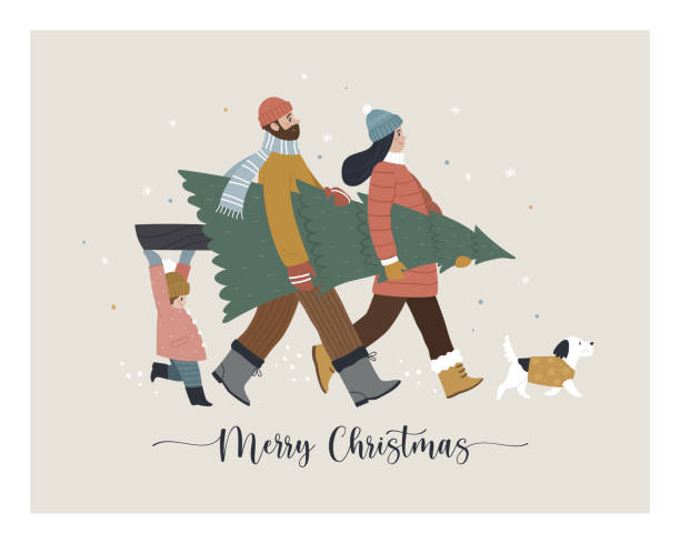 Merry Christmas greeting card. Vector cartoon illustration in trendy flat style with young parents, their little daughter and cute white dog in warm winter clothes, carrying a Christmas tree family christmas stock illustrations