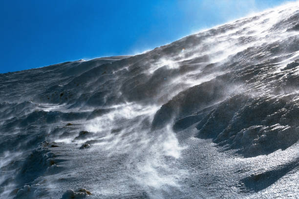 istock Dangerous windy snow blow on ice slope alpine hiking path, Italy 1346554342