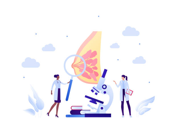 Human breast cancer checkup concept. Vector flat people medical illustration. Female doctor research team with microscope and magnifier glass. Design for healthcare, oncology, awareness month. vector art illustration
