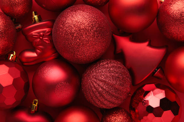 istock Christmas balls red background. New Year composition 1346555842
