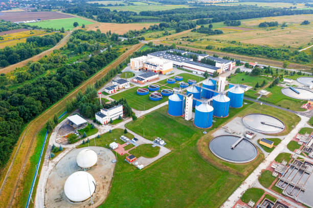 istock Cleaning construction for a sewage treatment, view from above 1346558143