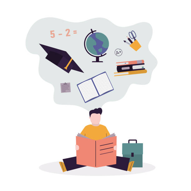 istock Sitting cartoon pupil reading book. Male scholar studies and learning sciences. Kid student sits at workplace and read. Boy child gets knowledge 1346558585