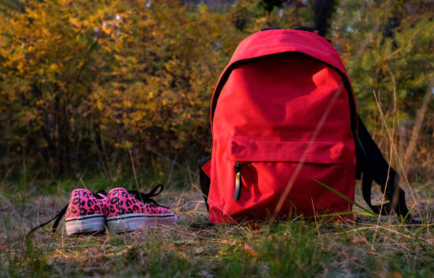 istock Red backpack and sneakers in the autumn forest 1346558624
