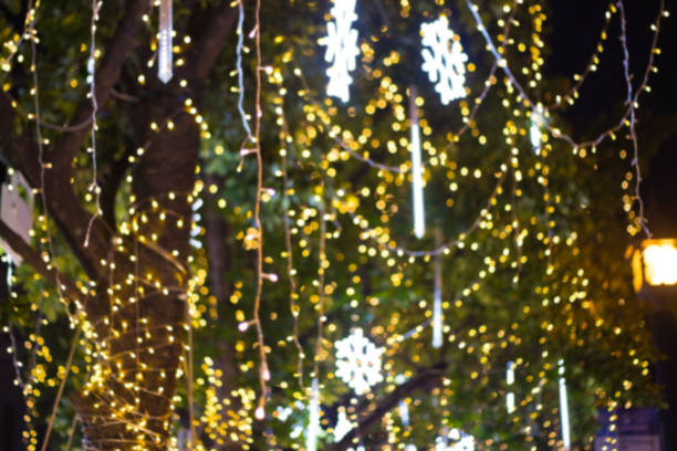 istock Blurred image Decorative outdoor string lights hanging in the garden at night time festivals season - decorative Christmas lights - happy new year 1346560479