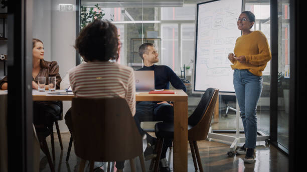 istock Project Manager Makes a Presentation for a Young Diverse Creative Team in Meeting Room in an Agency. Colleagues Sit Behind Conference Table and Discuss Business Development, User Interface and Design. 1346563259