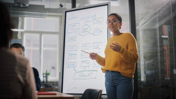 istock Project Manager Makes a Presentation for a Young Diverse Creative Team in Meeting Room in an Agency. Colleagues Sit Behind Conference Table and Discuss Business Development, User Interface and Design. 1346563284