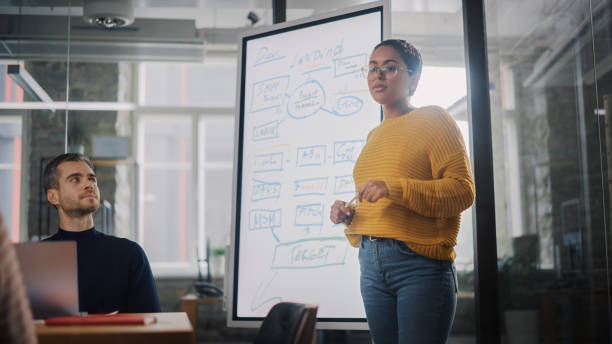 istock Project Manager Makes a Presentation for a Young Diverse Creative Team in Meeting Room in an Agency. Colleagues Sit Behind Conference Table and Discuss Business Development, User Interface and Design. 1346563302