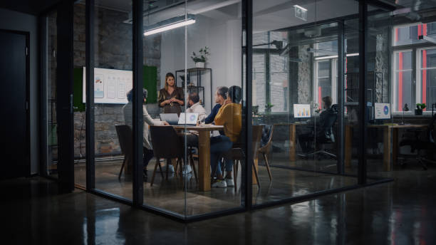 istock Project Manager Makes a Presentation for a Young Diverse Creative Team in Meeting Room in an Agency. Colleagues Sit Behind Conference Table and Discuss Business Development, Sales Analysis and Design. 1346563392