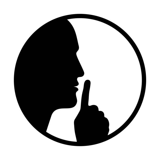 Quietly No talking please. Head human silhouette with finger on lips. Sign ask for silence isolated on white background. Vector illustration silence stock illustrations