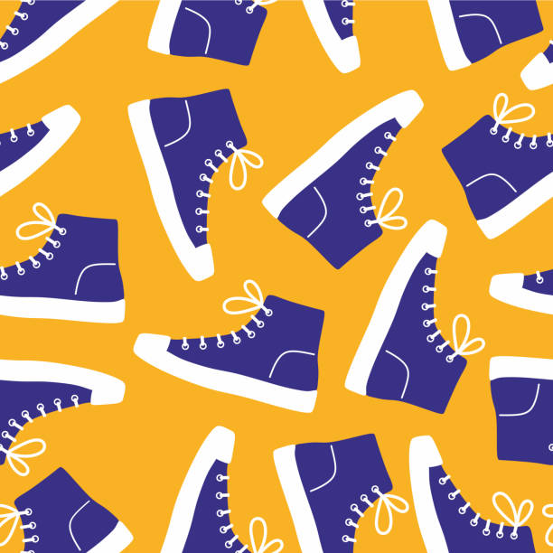 Shoe pair, boots, footwear. Canvas shoes. Сolor seamless pattern on yellow background. Shoe pair, boots, footwear. Canvas shoes. Сolor seamless pattern on yellow background. Doodle. Fashion old style high-top and low-top sneakers. Lace-up shoes. Color flat vector illustration. Isolated. lace up stock illustrations