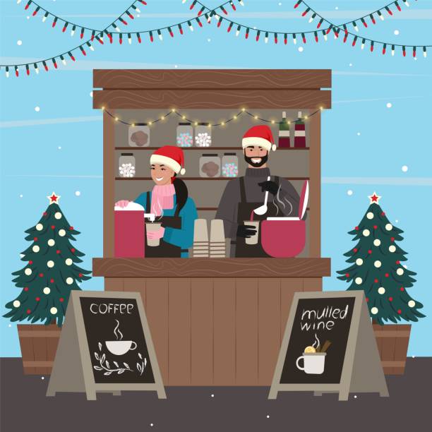 weihnachtsstände. frau und mann verkaufen kaffee und glühwein am kiosk. vektorillustration. - shopping christmas women retail stock-grafiken, -clipart, -cartoons und -symbole