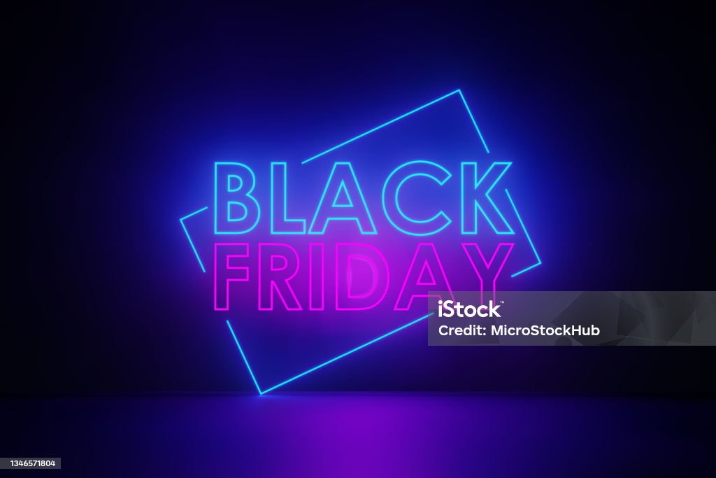 Purple Neon Light Writes Black Friday on Black Wall Purple neon light writes Black Friday on black wall. Horizontal composition with copy space. Black Friday concept. Black Friday - Shopping Event Stock Photo