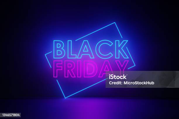 Purple Neon Light Writes Black Friday On Black Wall Stock Photo - Download Image Now