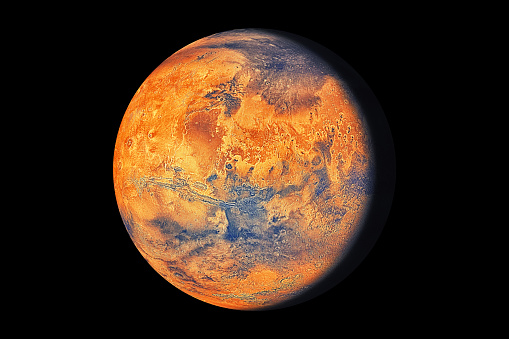 Mars Planet isolated in black  ( Elements of this image furnished by NASA.Credit must be given and cited to NASA - Texture URL: https://nasa3d.arc.nasa.gov/detail/mar0kuu2 )