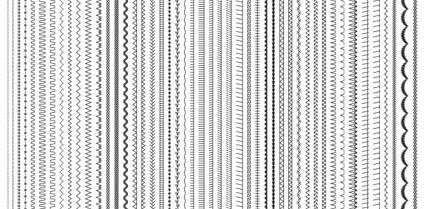 Embroidery stitches. Seamless seam brushes. Vector illustration. Embroidery stitches. Sewing seams. Set of machine thread sew brushes. Overlock fabric elements. Outline border isolated on white background. Seamless pattern. Simple design. Vector illustration. sewing stock illustrations